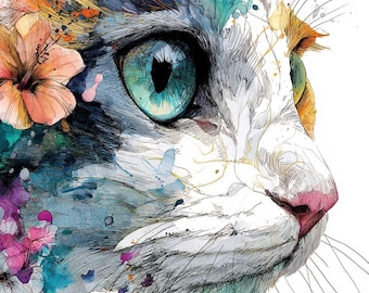 12 Cat Art Print - Whimsical Digital Clip art Download for Home Decor