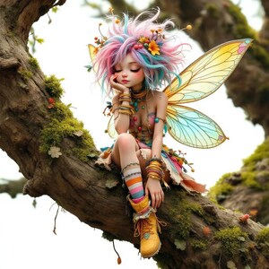 May include: A fairy with vibrant pink, blue, and purple hair and delicate wings sits on a tree branch. She wears a colourful dress, bracelets, and yellow boots. The tree branch is covered in moss, creating a magical scene.