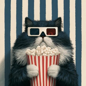 May include: A whimsical illustration of a fluffy black and white cat wearing 3D glasses and holding a red and white striped popcorn container. The background features vertical blue and white stripes, creating a movie-themed aesthetic.