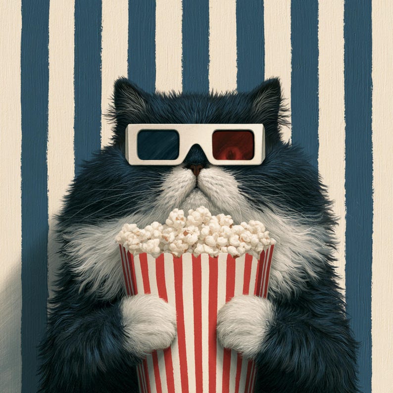 May include: A whimsical illustration of a fluffy black and white cat wearing 3D glasses and holding a red and white striped popcorn container. The background features vertical blue and white stripes, creating a movie-themed aesthetic.