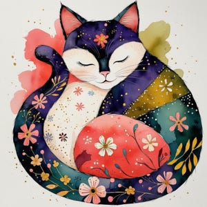 May include: Watercolor illustration of a cat in a curled position, with closed eyes and a serene expression. The cat features a patchwork design in shades of purple, teal, and gold, adorned with floral accents. A red egg-shaped object is nestled in its embrace.