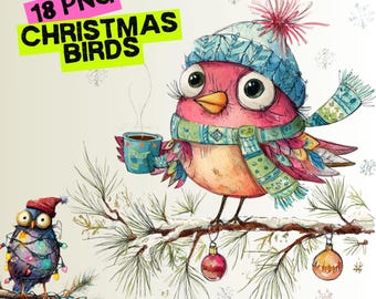 18 Christmas Bird Clipart Set: Watercolor Holiday PNG Images