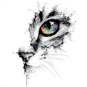 Può includere: Illustrazione in bianco e nero di un occhio di gatto e parte del suo viso, con un'iride colorata. L'occhio è il punto focale, con una miscela di tonalità arancioni, verdi e blu. L'opera d'arte è in stile acquerello e inchiostro.