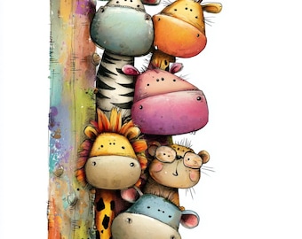 May include: A whimsical illustration of six cartoon animals stacked together. The animals include a zebra, giraffe, hippo, lion, cheetah, and a cow. The animals are in various colors, with a colorful tree trunk on the left side.