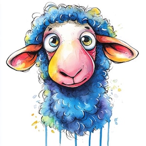 Può includere: Illustrazione ad acquerello del volto di una pecora. La pecora ha lana blu e soffice, occhi grandi ed espressivi e un naso rosa. Le orecchie sono rosse e gialle. Schizzi e gocce di acquerello aggiungono all'effetto artistico.