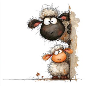 May include: Whimsical illustration of two sheep peeking around a wall. The top sheep has a dark brown face and large eyes, while the bottom sheep has a light brown face. Both have fluffy white wool and are drawn in a cartoon style.