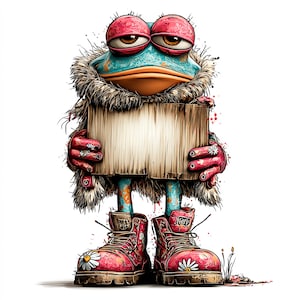 May include: A whimsical illustration of a frog-like creature holding a wooden sign. The frog has red eyes, a blue and turquoise body, and is wearing a furry collar and red boots with daisy accents. The sign is blank, ready for text.