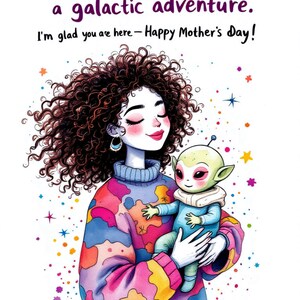 Carte amusante pour la fête des mères - thème bébé extraterrestre - aventure galactique pour maman - cadeau spatial unique, fête des mères 2025, lot de 4 imprimables de haute qualité