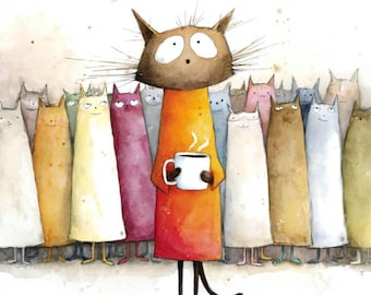 20 Quirky Coffee Cats Clipart (JPG) – Funny Watercolor Cat Illustrations for Crafters
