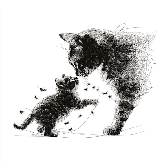20 Cat Family Clipart : Emotional Line Art Tattoo Printable Set (Digital Download)