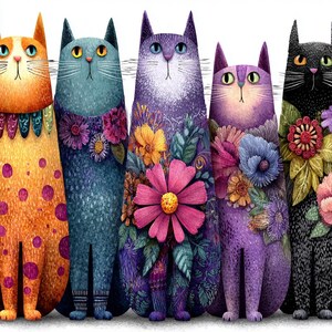 Pode incluir: Cinco ilustra&ccedil;&otilde;es de gatos caprichosas com detalhes florais. Os gatos s&atilde;o de v&aacute;rias cores, incluindo laranja, azul, roxo e preto, cada um adornado com arranjos florais &uacute;nicos. A obra de arte tem uma apar&ecirc;ncia texturizada e pintada, sobre um fundo branco.