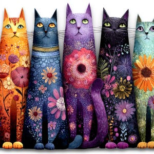 Pode incluir: Cinco ilustra&ccedil;&otilde;es de gatos caprichosos em fila, cada uma com um esquema de cores e padr&otilde;es florais &uacute;nicos. Os gatos s&atilde;o laranja, azul, roxo, preto e verde-azulado, com desenhos florais detalhados. A obra &eacute; em estilo aquarela.
