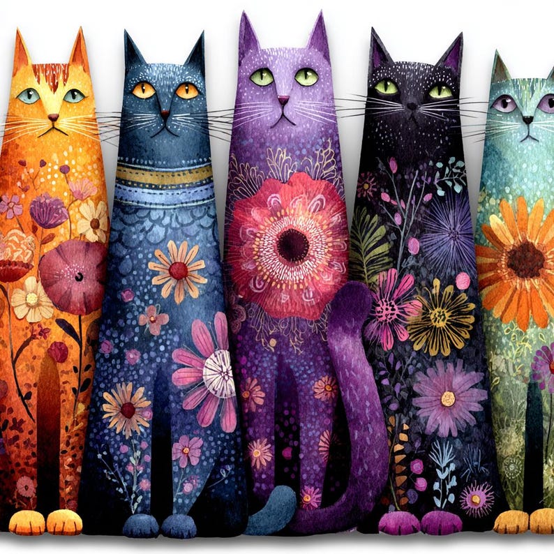 Pode incluir: Cinco ilustra&ccedil;&otilde;es de gatos caprichosos em fila, cada uma com um esquema de cores e padr&otilde;es florais &uacute;nicos. Os gatos s&atilde;o laranja, azul, roxo, preto e verde-azulado, com desenhos florais detalhados. A obra &eacute; em estilo aquarela.