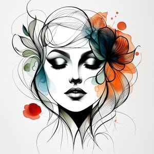 15 bloemen vrouw gezicht clipart, dame portret abstract, delicate lijntekeningen, minimalistisch, afdrukbare aquarel, hoogwaardige jpg's, papercraft