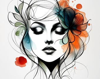 15 Floral Woman Face Clipart, Lady Portrait Abstract, Delicate Line Art,Minimalist,Printable Watercolor,High-Quality JPGs,Papercraft