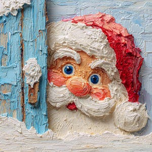 Op de afbeelding: Een getextureerd schilderij van de Kerstman die achter een lichtblauwe deur vandaan gluurt. Zijn gezicht is gedetailleerd met een roze neus en wangen, blauwe ogen en een witte baard en muts met rode rand. Het kunstwerk heeft een dikke, impasto-stijl.