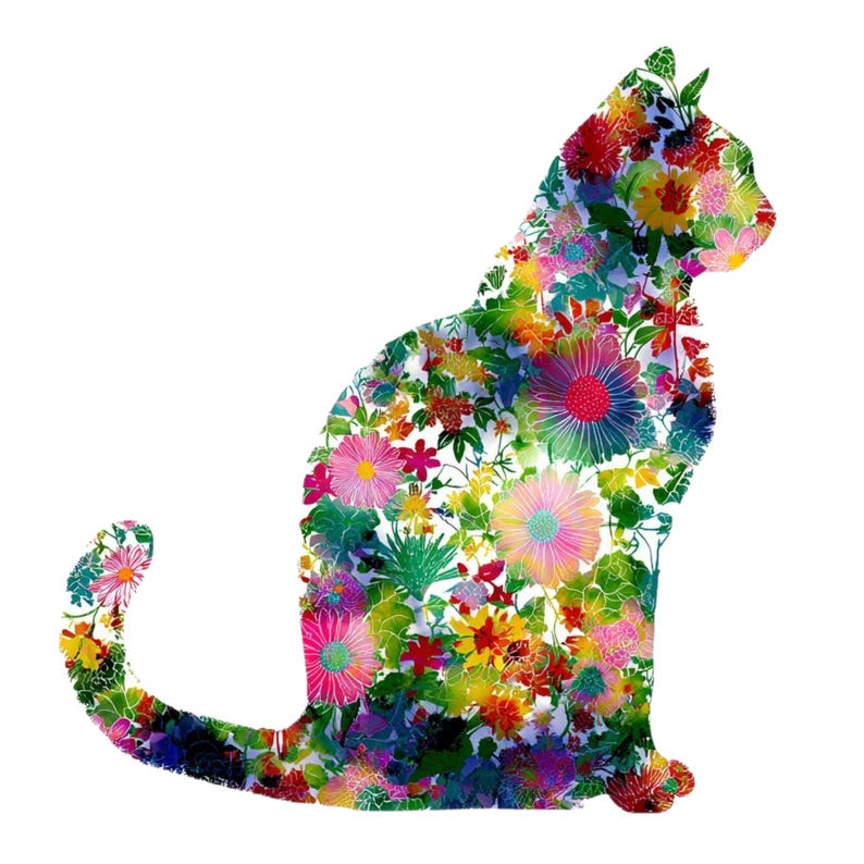 May include: A colorful cat silhouette filled with a vibrant floral pattern. The design features a variety of flowers in shades of pink, yellow, blue, and green, creating a cheerful and artistic image. The cat is in a sitting position.