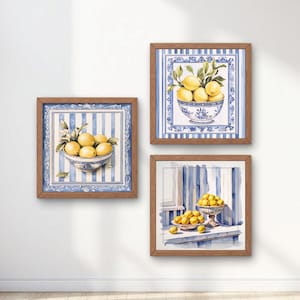 8 Ciotole Chinoiserie Limone, Arte da Parete Vintage, Stampa da Cucina, Arte a Righe Blu e Bianche, Stile Francese, Decorazione Cottagecore Grandmillennial