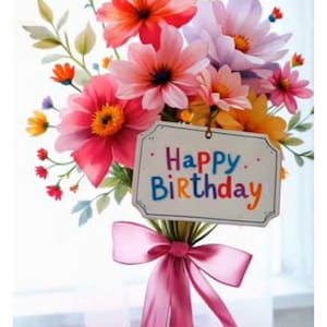 May include: A vibrant floral arrangement featuring a "Happy Birthday" sign. The bouquet includes pink, orange, and yellow flowers, secured with a pink ribbon. The word "MOM" is displayed in pink letters below the bouquet.