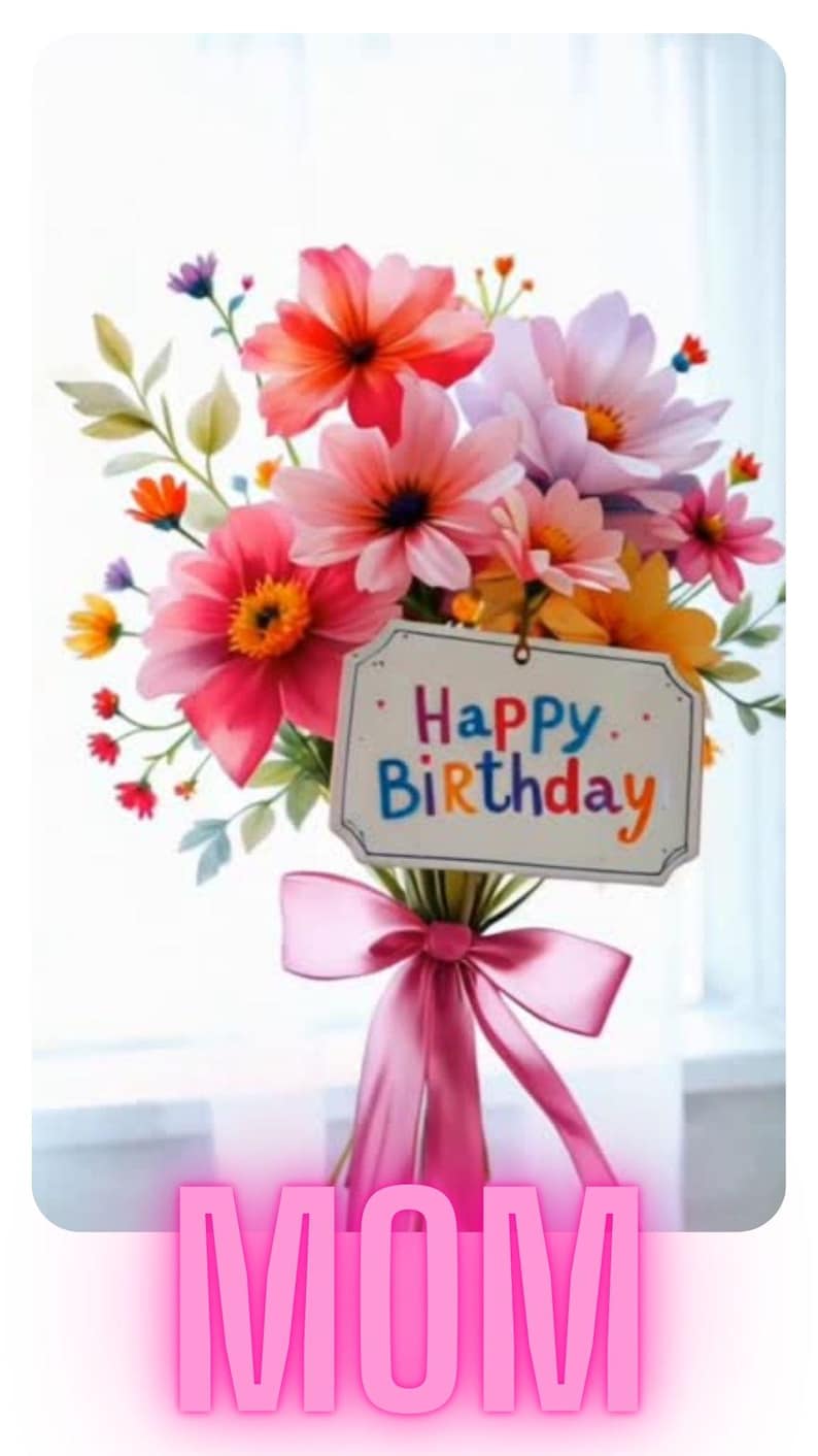 May include: A vibrant floral arrangement featuring a "Happy Birthday" sign. The bouquet includes pink, orange, and yellow flowers, secured with a pink ribbon. The word "MOM" is displayed in pink letters below the bouquet.