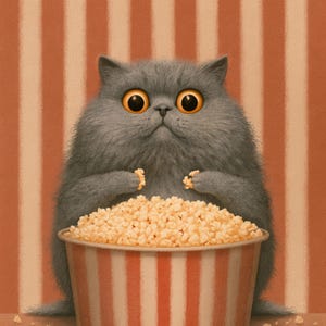 May include: A gray cat with large orange eyes is holding popcorn from a red and white striped bucket. The cat is set against a background of vertical red and white stripes, creating a whimsical and playful scene.