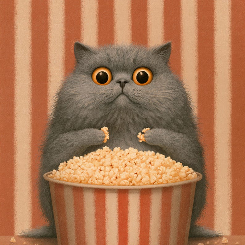 May include: A gray cat with large orange eyes is holding popcorn from a red and white striped bucket. The cat is set against a background of vertical red and white stripes, creating a whimsical and playful scene.