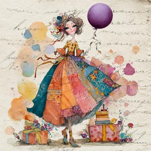 Può includere: Illustrazione ad acquerello di una donna in un abito patchwork che tiene in mano un palloncino viola. L'abito è un mix di colori e motivi. Ci sono regali e una torta ai suoi piedi. L'opera d'arte ha un tema stravagante e celebrativo.
