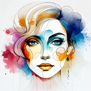 Clipart di volti di donna, 10 immagini JPG di donne e ragazze acquerellate, arte astratta femminile, download digitale per scrapbooking, decorazioni murali, creazione di stampe artistiche
