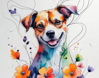 May include: Watercolor illustration of a smiling dog with brown, white, and orange fur. The dog is surrounded by colorful flowers and a butterfly, with abstract line art accents. The artwork has a cheerful and vibrant aesthetic.