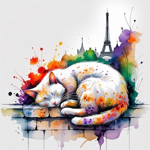 May include: A watercolour illustration of a sleeping white cat with orange and yellow markings, resting on a brick wall. The Eiffel Tower and a colourful cityscape are in the background, with vibrant paint splatters.