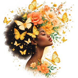 May include: An illustration of a woman with dark hair adorned with yellow butterflies and flowers. The woman has closed eyes and a serene expression. The artwork features a color palette of yellow, orange, and gold against a white background.