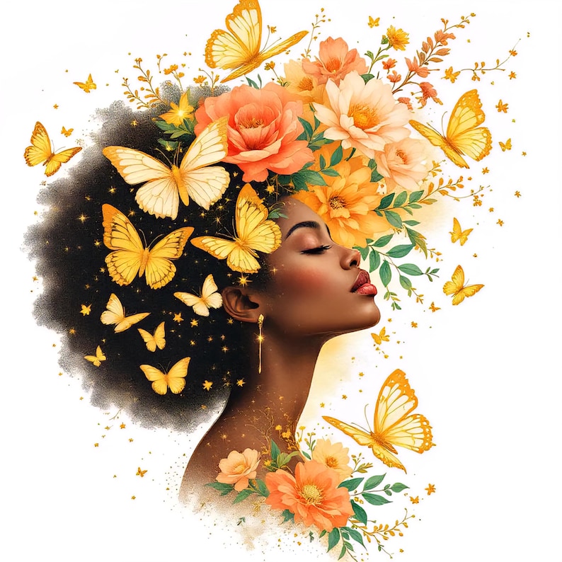 May include: An illustration of a woman with dark hair adorned with yellow butterflies and flowers. The woman has closed eyes and a serene expression. The artwork features a color palette of yellow, orange, and gold against a white background.