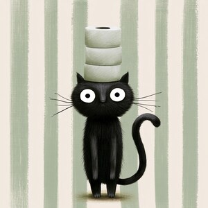 May include: A cartoon illustration of a black cat with big eyes, carrying three rolls of toilet paper on its head. The cat has a fluffy coat and a curled tail. The background has vertical stripes in white and a pale green colour.