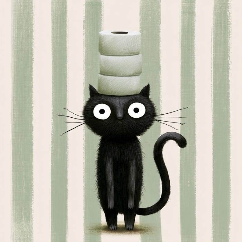 May include: A cartoon illustration of a black cat with big eyes, carrying three rolls of toilet paper on its head. The cat has a fluffy coat and a curled tail. The background has vertical stripes in white and a pale green colour.