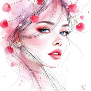 May include: A watercolor illustration of a woman with blue eyes and pink makeup. Red cherries are arranged in her hair. The artwork has a soft, dreamy aesthetic with delicate lines and a focus on the face.