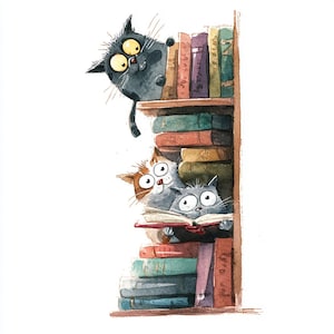 May include: A watercolour illustration depicts three cartoon cats amongst a bookshelf of colourful books. A black cat peers over the top shelf, while two others read a book below. The image has a whimsical, storybook feel.