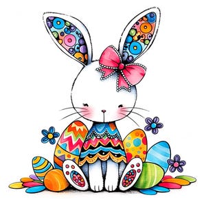 Könnte beinhalten: Eine Cartoon-Illustration eines weißen Osterhasen mit einer rosa Schleife, umgeben von bunten Ostereiern und Blumen. Die Ohren des Hasen sind mit Kreisen in verschiedenen Farben verziert. Die Eier haben unterschiedliche Muster und Farben.