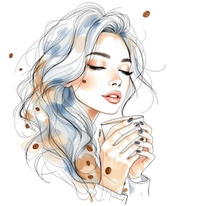 May include: Illustration of a woman with closed eyes, holding a white coffee cup. Her hair is light blue and wavy, with coffee beans scattered around her. She has rosy cheeks and dark nail polish.