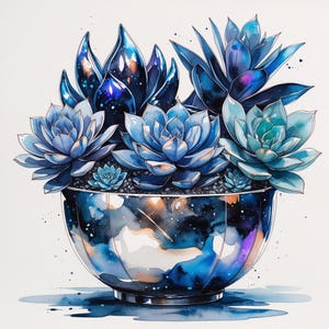 May include: Watercolor illustration of a succulent arrangement in a decorative bowl. The succulents are various shades of blue and teal, with a galaxy-like pattern on the leaves. The bowl has a matching galaxy design.