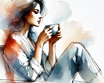 25 Whimsical Woman Coffee Clipart | Watercolor Line Art Printable | Home Decor