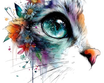 May include: Watercolor illustration of a cat's eye, featuring a vibrant, galaxy-like iris. The eye is surrounded by colorful flowers in shades of orange, blue, and pink. The cat's fur is depicted in soft, blended hues of gray and white.