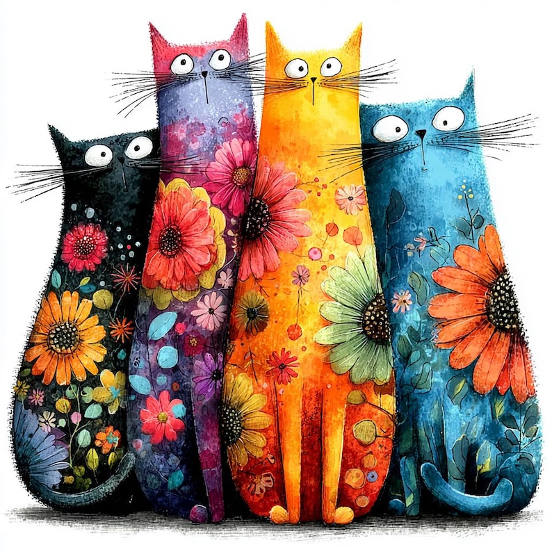 Pode incluir: Uma ilustra&ccedil;&atilde;o fantasiosa apresenta quatro gatos estilizados em fila, cada um com uma cor e um padr&atilde;o floral &uacute;nicos. Os gatos s&atilde;o pretos, roxos, laranja e azuis, adornados com girass&oacute;is e outras flores coloridas. A obra de arte tem um estilo vibrante e art&iacute;stico.