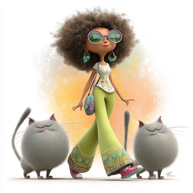 May include: A cartoon illustration of a person with an afro, wearing green trousers, a floral top, and sunglasses, walking with two fluffy grey cats. The person carries a patterned handbag and wears pink shoes.