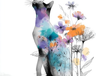 May include: Watercolor illustration of a cat with a butterfly and flowers. The cat is in profile, with a black and white head and body filled with colorful watercolor washes of teal, purple, and orange. Delicate flowers surround the cat.