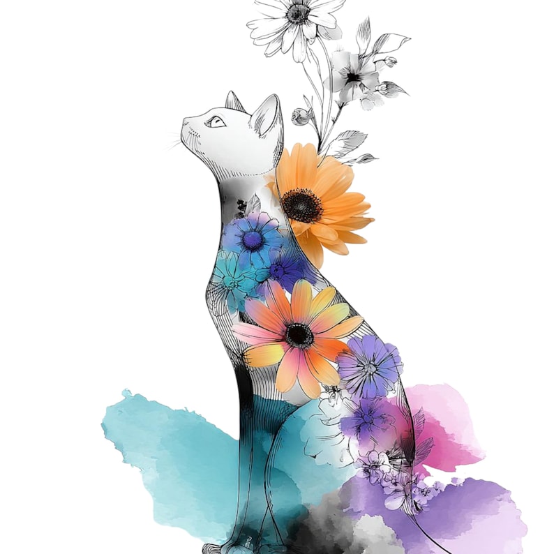 May include: A whimsical illustration of a cat silhouette filled with colorful flowers. The cat is depicted in a side profile, looking upwards, with a mix of orange, blue, and purple flowers blooming within its form. Watercolor accents add a soft touch.