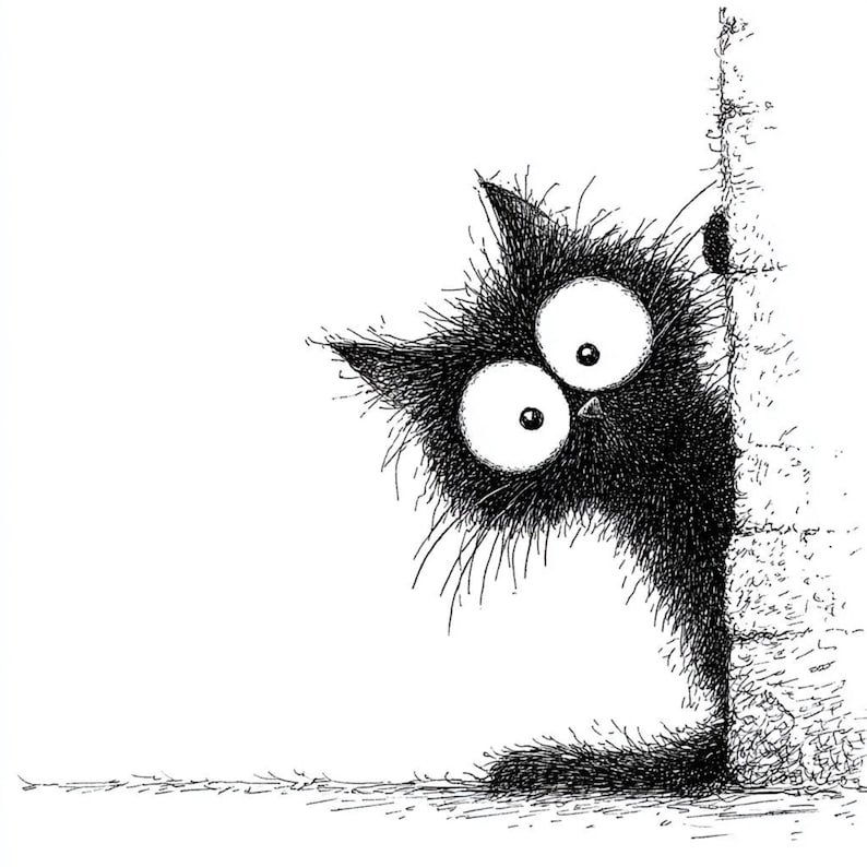 May include: A black and white cartoon illustration of a fluffy cat peeking around a tree. The cat has large, wide eyes and a surprised expression. The artwork is detailed with fine lines.