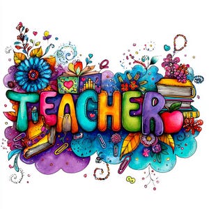 May include: A colorful illustration spells out the word "TEACHER" in vibrant, bubble-style letters. The artwork features a blue flower, books, an apple, and decorative elements in a watercolor style, perfect for teacher appreciation gifts.