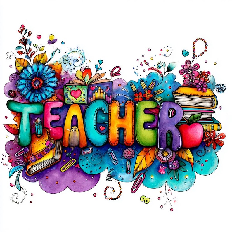 May include: A colorful illustration spells out the word "TEACHER" in vibrant, bubble-style letters. The artwork features a blue flower, books, an apple, and decorative elements in a watercolor style, perfect for teacher appreciation gifts.