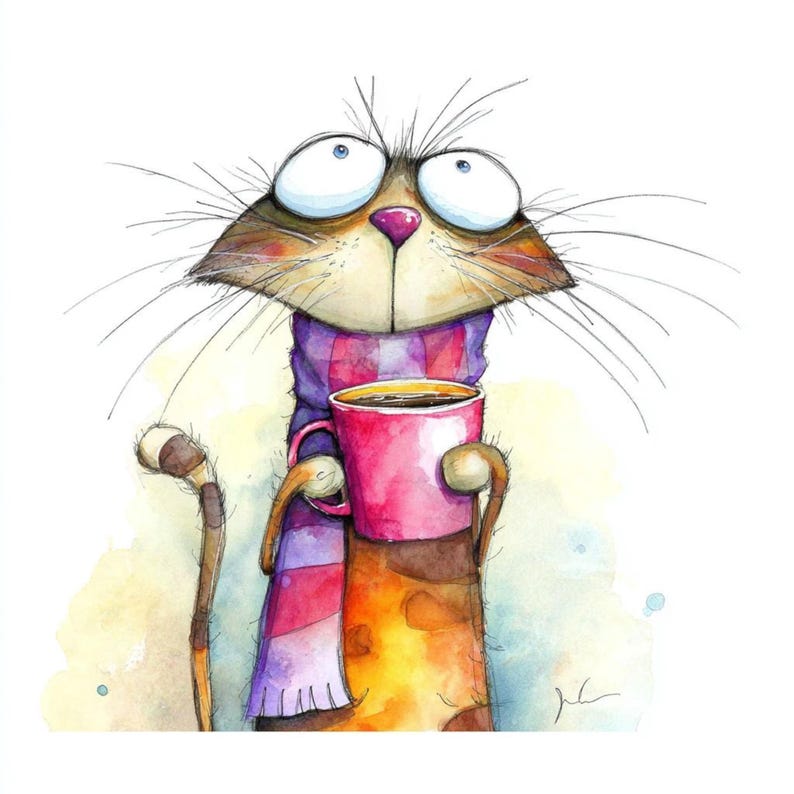 以下が含まれることがあります： 大きな目をした猫の水彩イラスト。紫とピンクのスカーフを身につけ、ピンクのコーヒーマグを持っています。猫は長いひげと杖を持っています。このアートワークは、気まぐれで表現力豊かなスタイルです。