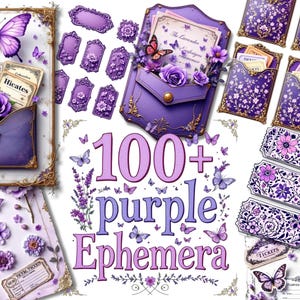 100 itens efêmeros roxos, 20 páginas de diário de lixo, vintage, pasta, bolsos, lavanda, rosas, encarte roxo, kit digital, download, fácil de imprimir
